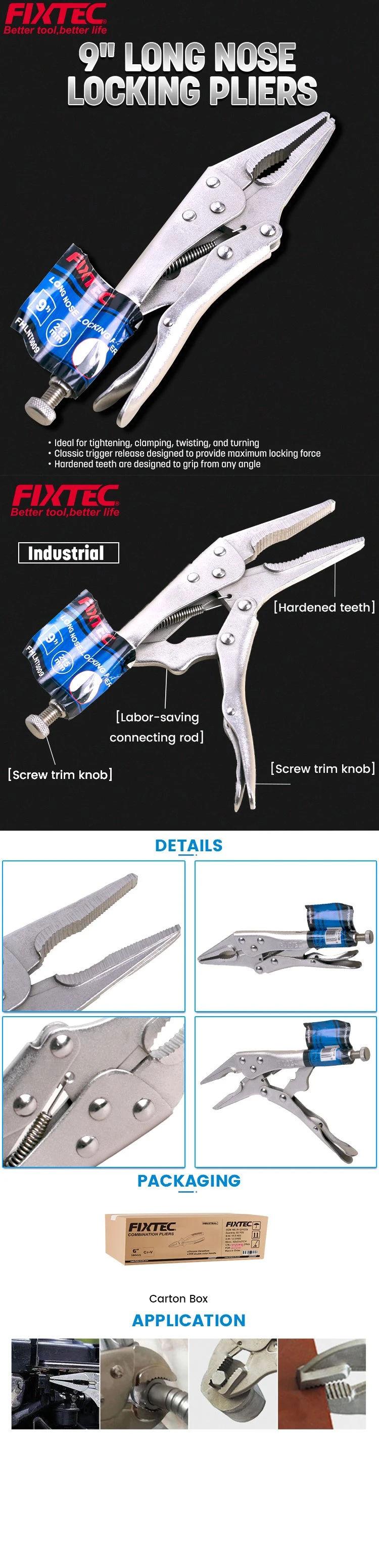 Fixtec Hand Tools Carbon Steel 9inch Long Nose Mole Locking Vice Grips Lock Grip Clamp Locking Pliers